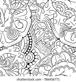 Seamless mehndi vector pattern. Hand-made illustration. Black and white binary pattern, monochrome doodle texture.