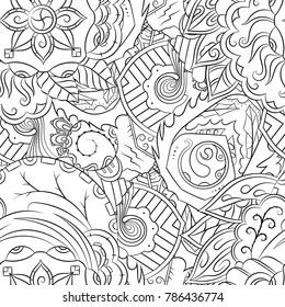Seamless mehndi vector pattern. Hand-made illustration. Black and white binary pattern, monochrome doodle texture.