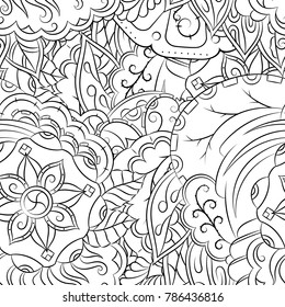 Seamless mehndi vector pattern. Hand-made illustration. Black and white binary pattern, monochrome doodle texture.