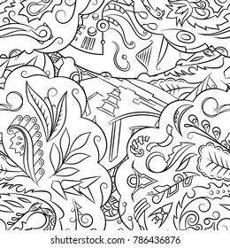 Seamless mehndi vector pattern. Hand-made illustration. Black and white binary pattern, monochrome doodle texture.