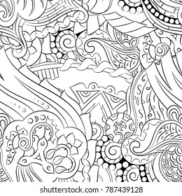Seamless mehndi vector pattern. Hand-made illustration. Black and white binary pattern, monochrome doodle texture.
