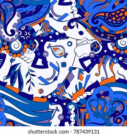 Seamless mehndi vector pattern. Hand-made ethnic illustration. Colorful doodle texture.