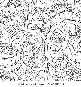 Seamless mehndi vector pattern. Hand-made illustration. Black and white binary pattern, monochrome doodle texture.