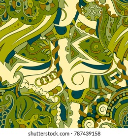 Seamless mehndi vector pattern. Hand-made ethnic illustration. Colorful doodle texture.