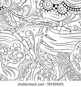 Seamless mehndi vector pattern. Hand-made illustration. Black and white binary pattern, monochrome doodle texture.