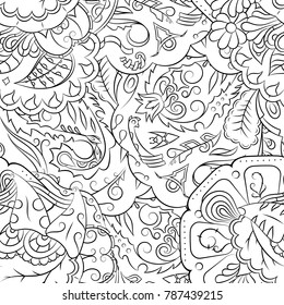 Seamless mehndi vector pattern. Hand-made illustration. Black and white binary pattern, monochrome doodle texture.