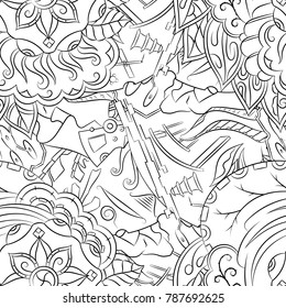 Seamless mehndi vector pattern. Hand-made illustration. Black and white binary pattern, monochrome doodle texture.