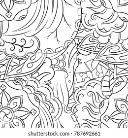 Seamless mehndi vector pattern. Hand-made illustration. Black and white binary pattern, monochrome doodle texture.