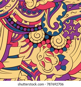 Seamless mehndi vector pattern. Hand-made ethnic illustration. Colorful doodle texture.
