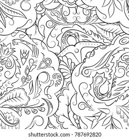 Seamless mehndi vector pattern. Hand-made illustration. Black and white binary pattern, monochrome doodle texture.