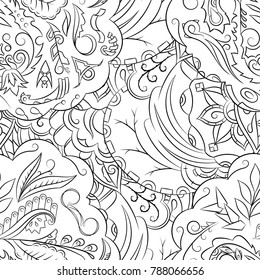 Seamless mehndi vector pattern. Hand-made illustration. Black and white binary pattern, monochrome doodle texture.