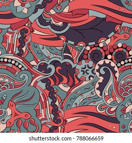 Seamless mehndi vector pattern. Hand-made ethnic illustration. Colorful doodle texture.