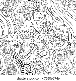 Seamless mehndi vector pattern. Hand-made illustration. Black and white binary pattern, monochrome doodle texture.