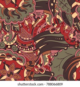 Seamless mehndi vector pattern. Hand-made ethnic illustration. Colorful doodle texture.