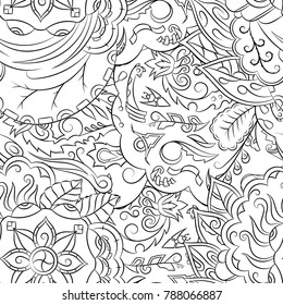 Seamless mehndi vector pattern. Hand-made illustration. Black and white binary pattern, monochrome doodle texture.