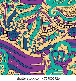 Seamless mehndi vector pattern. Hand-made ethnic illustration. Colorful doodle texture.