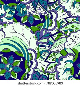 Seamless mehndi vector pattern. Hand-made ethnic illustration. Colorful doodle texture.