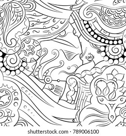 Seamless mehndi vector pattern. Hand-made illustration. Black and white binary pattern, monochrome doodle texture.