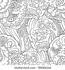 Seamless mehndi vector pattern. Hand-made illustration. Black and white binary pattern, monochrome doodle texture.