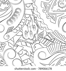 Seamless mehndi vector pattern. Hand-made illustration. Black and white binary pattern, monochrome doodle texture.