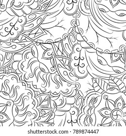 Seamless mehndi vector pattern. Hand-made illustration. Black and white binary pattern, monochrome doodle texture.
