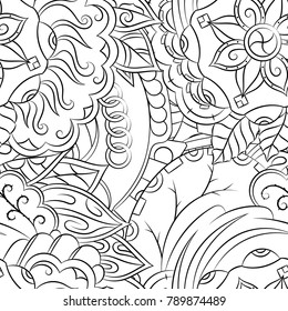 Seamless mehndi vector pattern. Hand-made illustration. Black and white binary pattern, monochrome doodle texture.