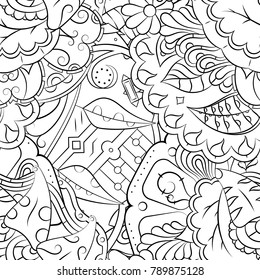Seamless mehndi vector pattern. Hand-made illustration. Black and white binary pattern, monochrome doodle texture.