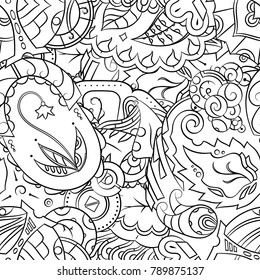 Seamless mehndi vector pattern. Hand-made illustration. Black and white binary pattern, monochrome doodle texture.