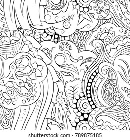 Seamless mehndi vector pattern. Hand-made illustration. Black and white binary pattern, monochrome doodle texture.
