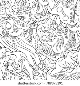 Seamless mehndi vector pattern. Hand-made illustration. Black and white binary pattern, monochrome doodle texture.