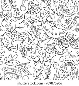Seamless mehndi vector pattern. Hand-made illustration. Black and white binary pattern, monochrome doodle texture.