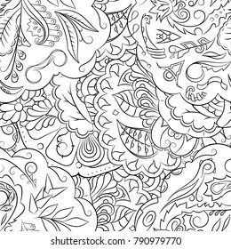 Seamless mehndi vector pattern. Hand-made illustration. Black and white binary pattern, monochrome doodle texture.