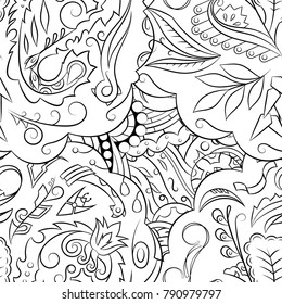 Seamless mehndi vector pattern. Hand-made illustration. Black and white binary pattern, monochrome doodle texture.