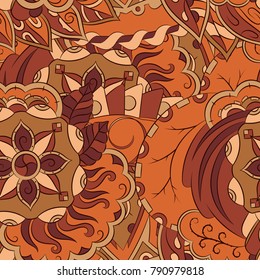 Seamless mehndi vector pattern. Hand-made ethnic illustration. Colorful doodle texture.