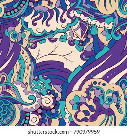 Seamless mehndi vector pattern. Hand-made ethnic illustration. Colorful doodle texture.