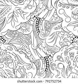 Seamless mehndi vector pattern. Hand-made illustration. Black and white binary pattern, monochrome doodle texture.