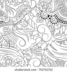 Seamless mehndi vector pattern. Hand-made illustration. Black and white binary pattern, monochrome doodle texture.