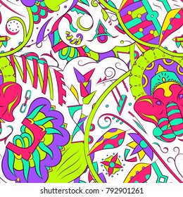 Seamless mehndi vector pattern. Hand-made ethnic illustration. Colorful doodle texture.