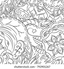 Seamless mehndi vector pattern. Hand-made illustration. Black and white binary pattern, monochrome doodle texture.