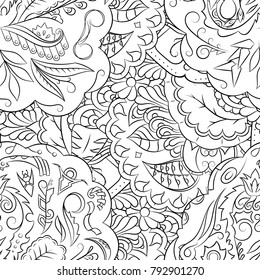 Seamless mehndi vector pattern. Hand-made illustration. Black and white binary pattern, monochrome doodle texture.