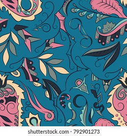 Seamless mehndi vector pattern. Hand-made ethnic illustration. Colorful doodle texture.