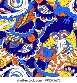 Seamless mehndi vector pattern. Hand-made ethnic illustration. Colorful doodle texture.