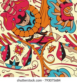 Seamless mehndi vector pattern. Hand-made ethnic illustration. Colorful doodle texture.