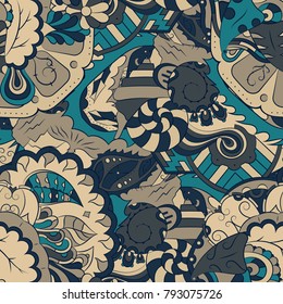 Seamless mehndi vector pattern. Hand-made ethnic illustration. Colorful doodle texture.