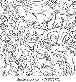 Seamless mehndi vector pattern. Hand-made illustration. Black and white binary pattern, monochrome doodle texture.