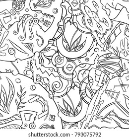 Seamless mehndi vector pattern. Hand-made illustration. Black and white binary pattern, monochrome doodle texture.