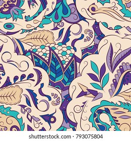 Seamless mehndi vector pattern. Hand-made ethnic illustration. Colorful doodle texture.