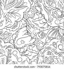 Seamless mehndi vector pattern. Hand-made illustration. Black and white binary pattern, monochrome doodle texture.