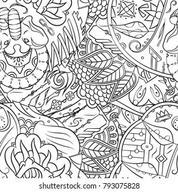 Seamless mehndi vector pattern. Hand-made illustration. Black and white binary pattern, monochrome doodle texture.