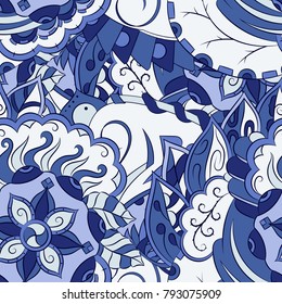 Seamless mehndi vector pattern. Hand-made ethnic illustration. Colorful doodle texture.